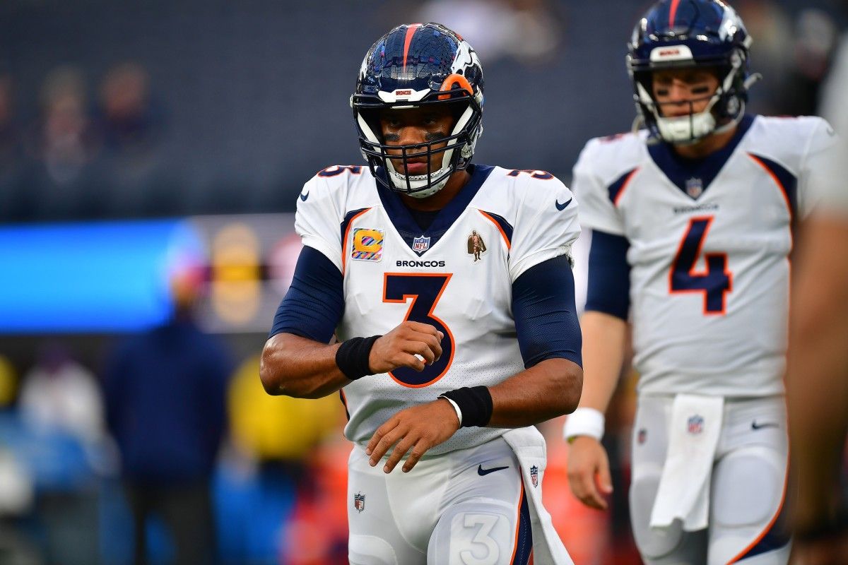 Denver Broncos quarterback Russell Wilson (3) before playing against the Los Angeles Chargers at SoFi Stadium.