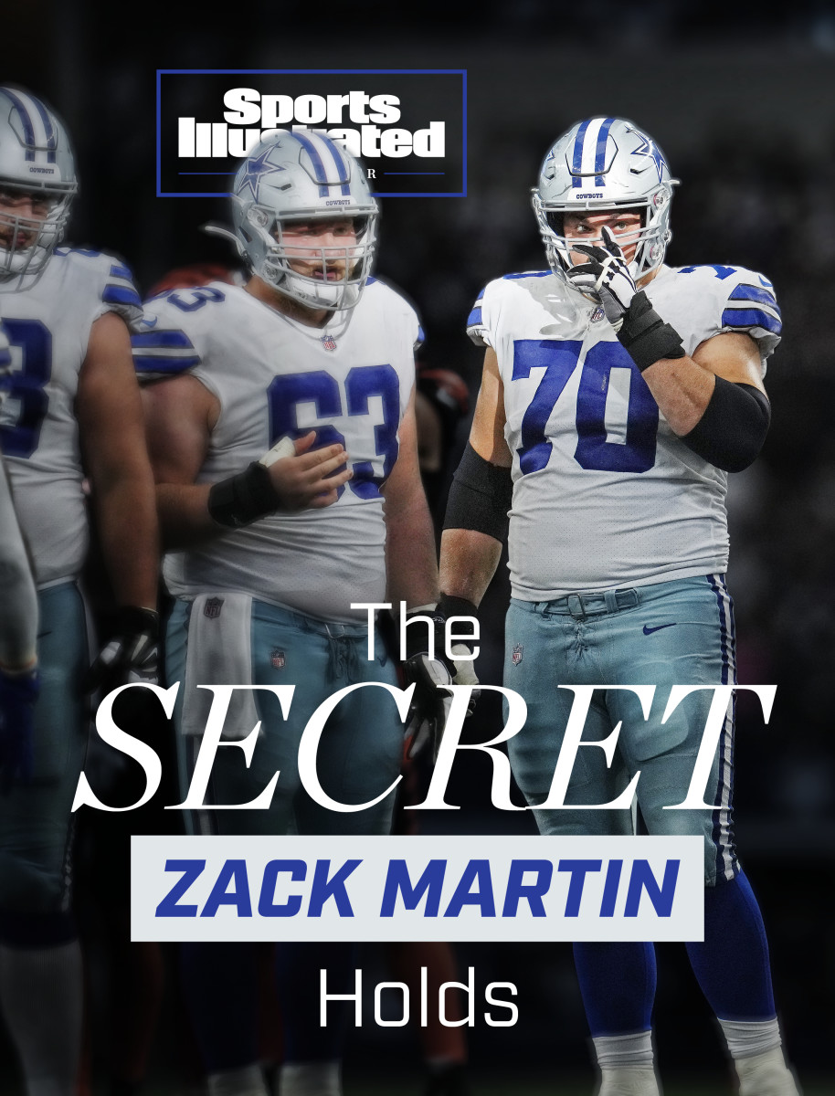 Zack Martin stands before a Cowboys huddle