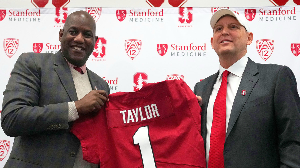 Stanford AD Bernard Muir poses with new coach Troy Taylor