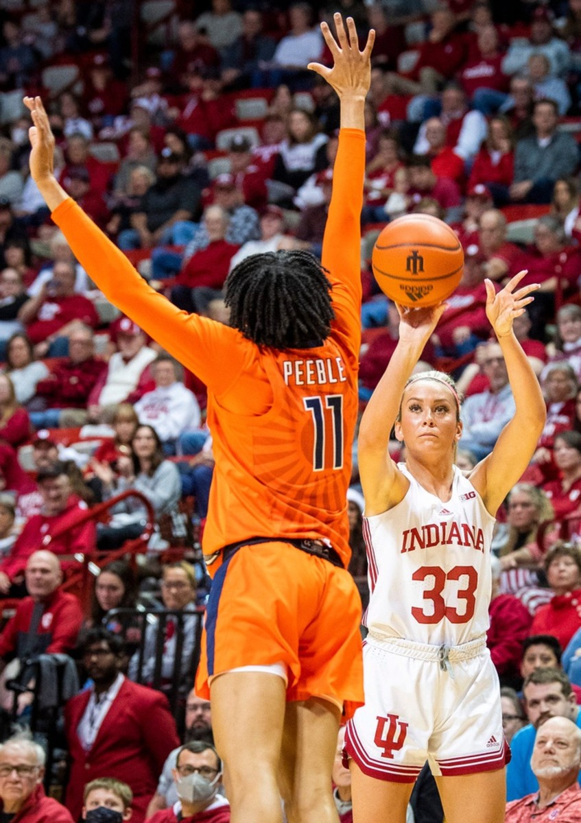 Indiana's Sydney Parrish (33) makes a three-pointer over Illinois' Jada Peebles (11) during the first half of the Indiana versus Illinois women's basketball game at Simon Skjodt Assembly Hall on Sunday, Dec. 4, 2022.