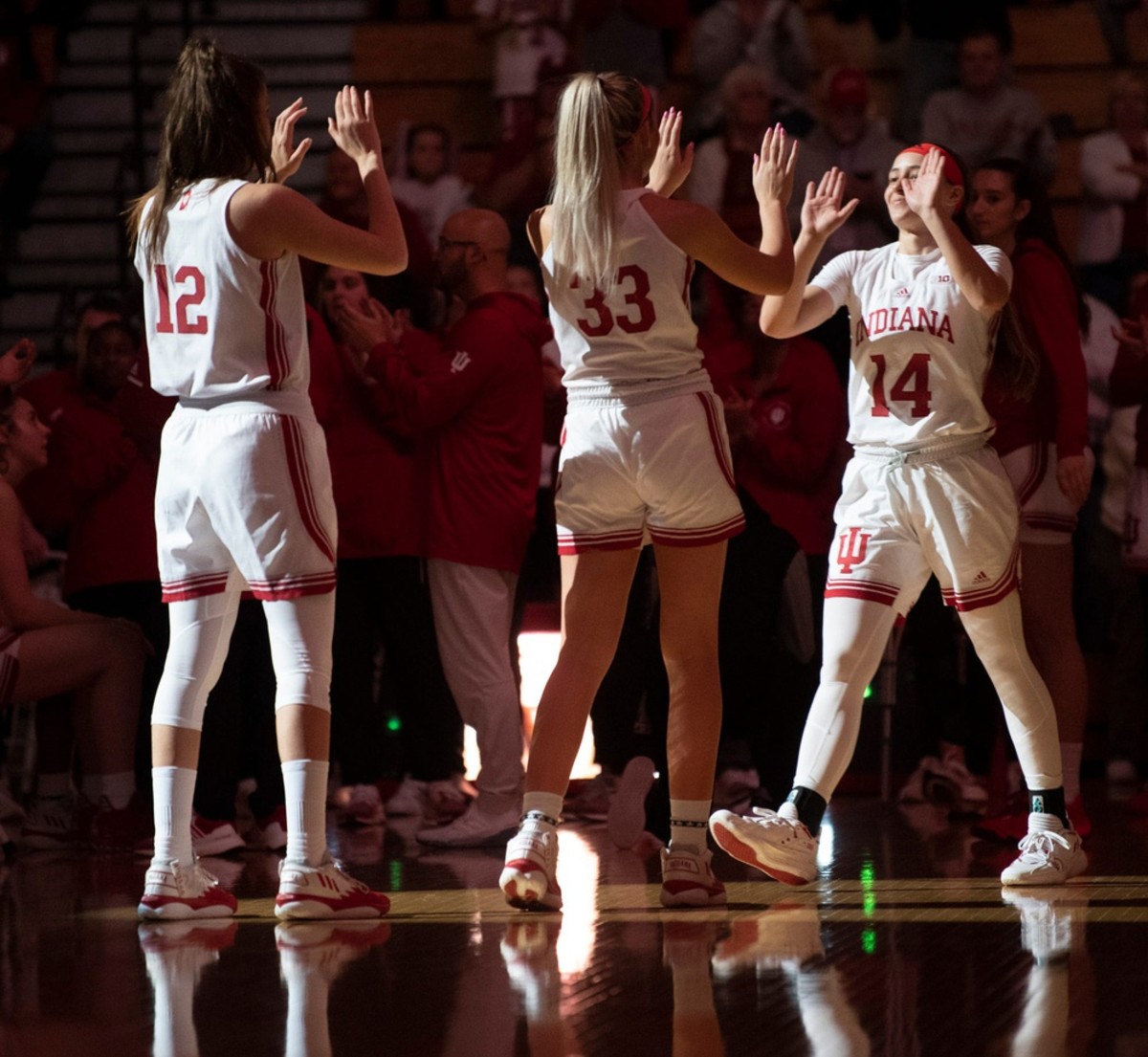 Indiana's Sara Scalia (14) is introduced before the first half of the Indiana versus Illinois women's basketball game at Simon Skjodt Assembly Hall on Sunday, Dec. 4, 2022.