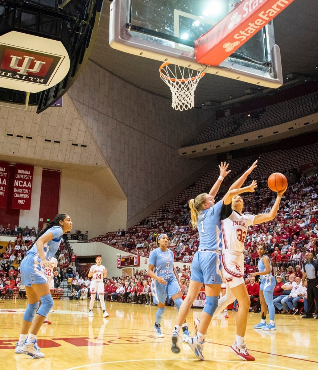 Indiana's Alyssa Geary (32) shoots during the first half of the Indiana versus North Carolina women's basketball game at Simon Skjodt Assembly Hall on Thursday, Dec. 1, 2022.