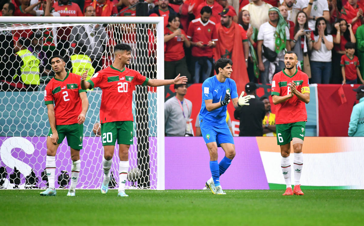 Players from Morocco pictured during their 2-0 loss to France in the 2022 World Cup semi-finals