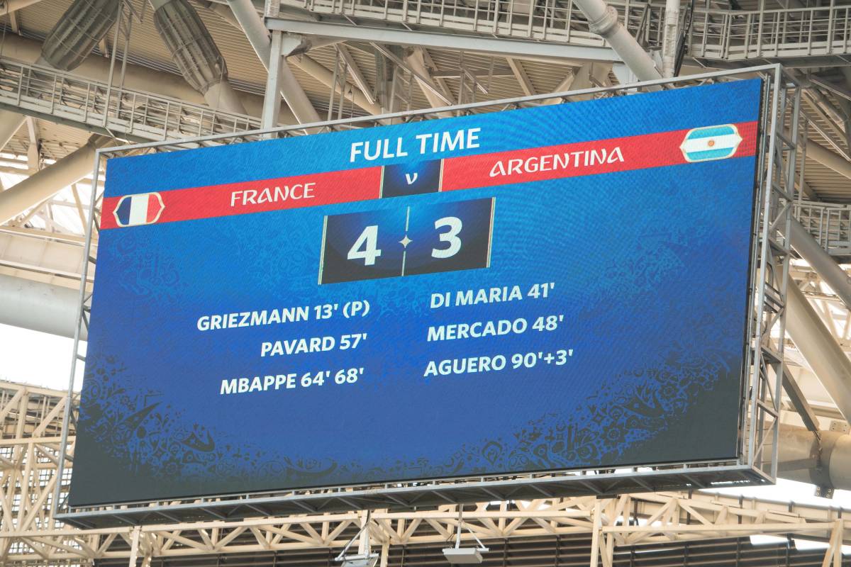 A photo of the scoreboard after France's 4-3 win over Argentina in 2018