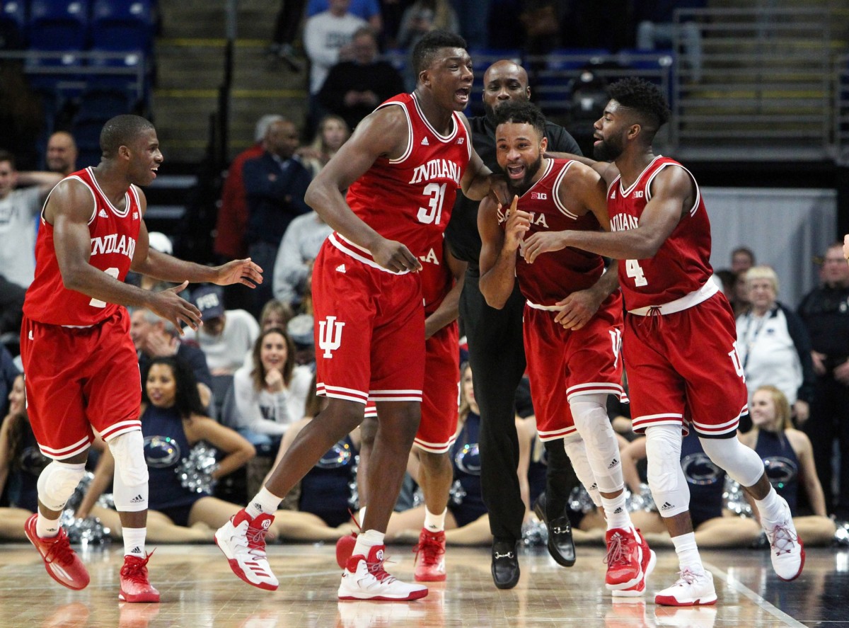 Indiana Hoosiers guard James Blackmon Jr (second from right) celebrates with teammates after scoring the winning shot during the second half against the Penn State Nittany Lions at Bryce Jordan Center. Indiana defeated Penn State 78-75.