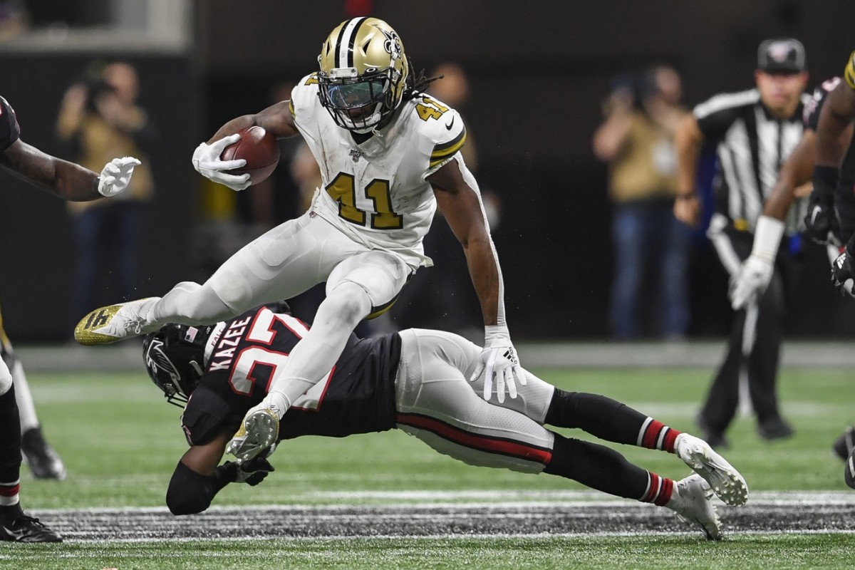 Nov 28, 2019; New Orleans Saints running back Alvin Kamara (41) hurdles Atlanta Falcons strong safety Damontae Kazee (27). Mandatory Credit: Dale Zanine-USA TODAY Sports