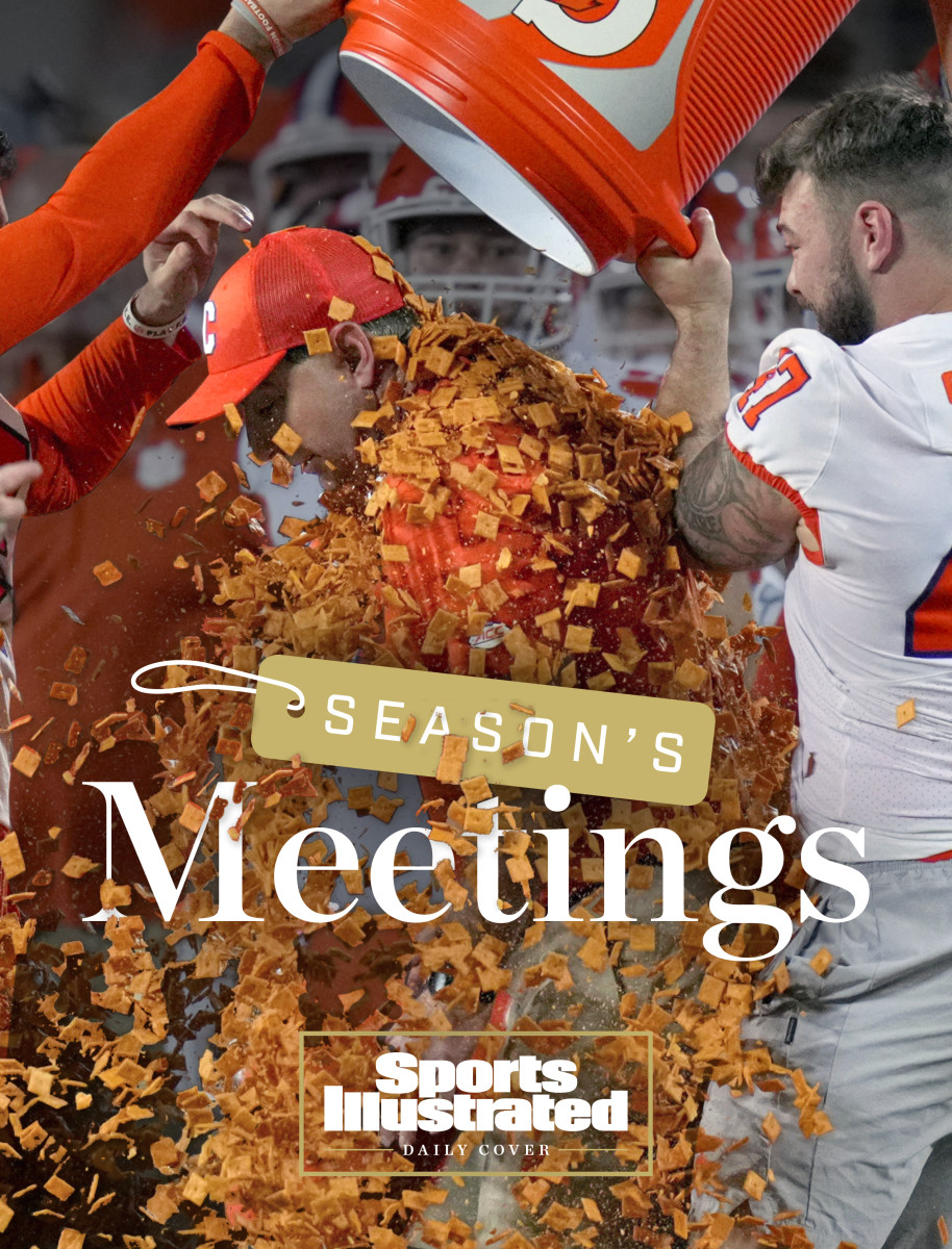 Season’s Meetings is written as Cheez-Its are dumped on Dabo Swinney