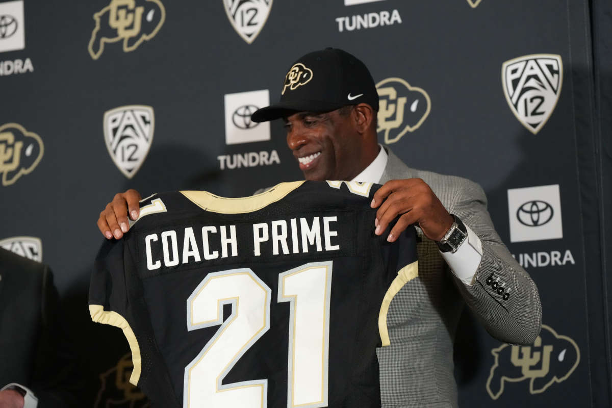 Dec 4, 2022; Boulder, CO, USA; Colorado Buffaloes head coach Deion Sanders during a press conference at the Arrow Touchdown Club.