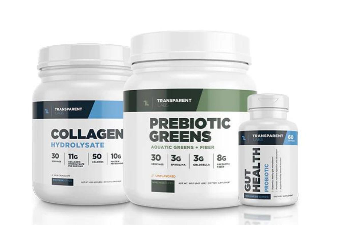 The Transparent Labs Gut Essentials stack, including a container of Collagen Hydrolysate, a container of Prebiotic Greens and a bottle of Gut Health Probiotic