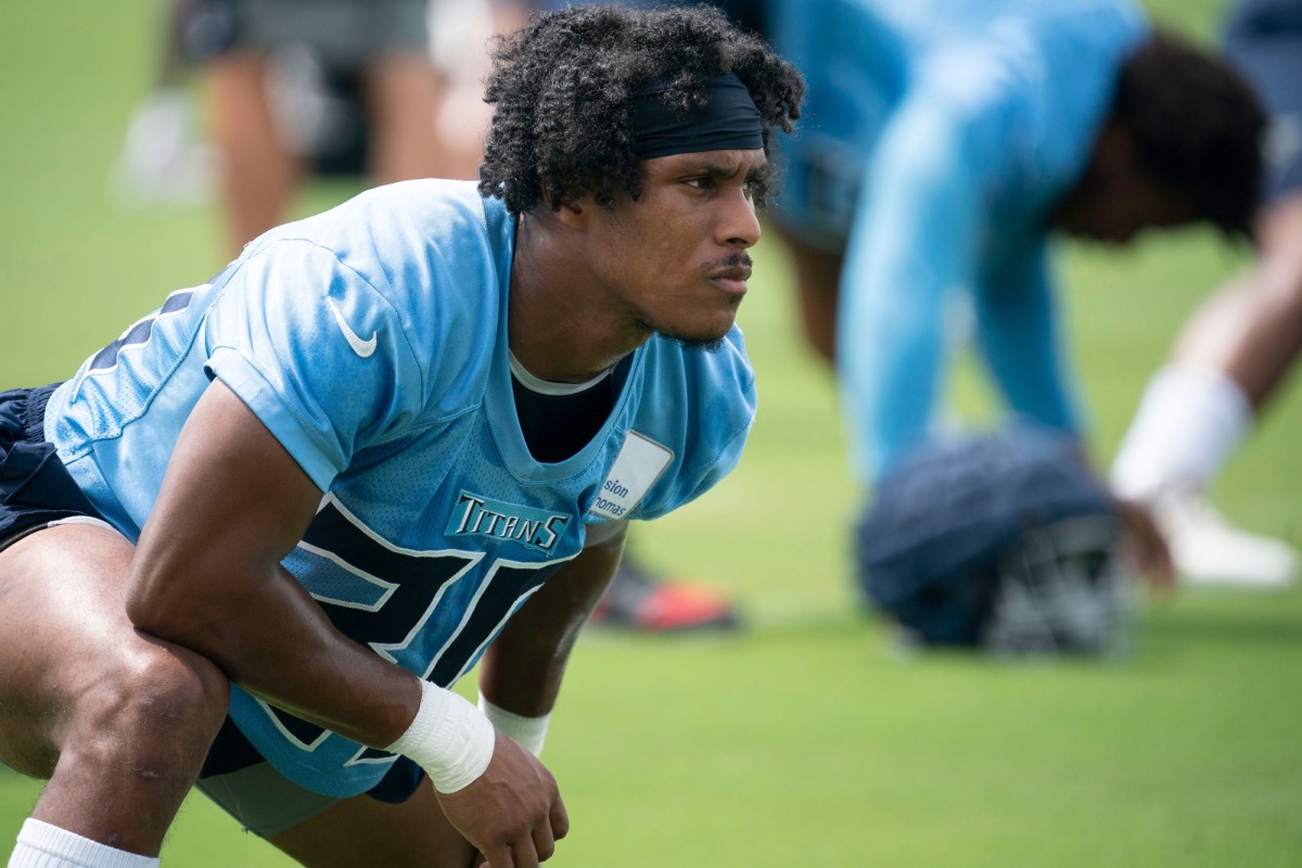 Tennessee Titans cornerback Tre Avery (30) warms up during practice at Ascension Saint Thomas Sports Park Monday, Sept. 5, 2022, in Nashville, Tenn.