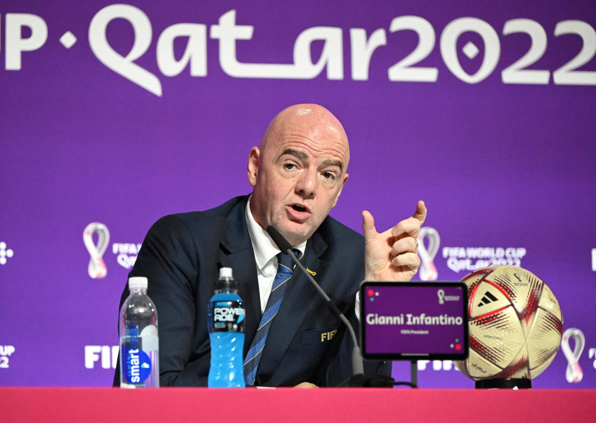 FIFA president Gianni Infantino pictured speaking at a press conference in Qatar two days before the 2022 World Cup final