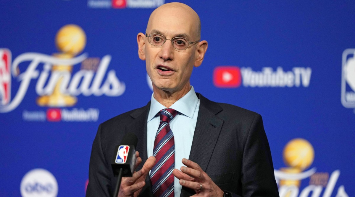 NBA commissioner Adam Silver talks to the media before game one of the 2022 NBA Finals.