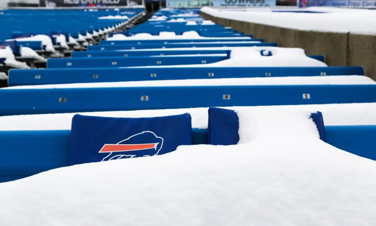 Snow-filled seats at Highmark Stadium.