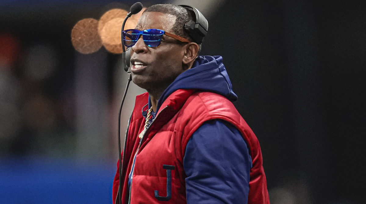 Jackson State Tigers head coach Deion Sanders reacts on the sideline during the Celebration Bowl.