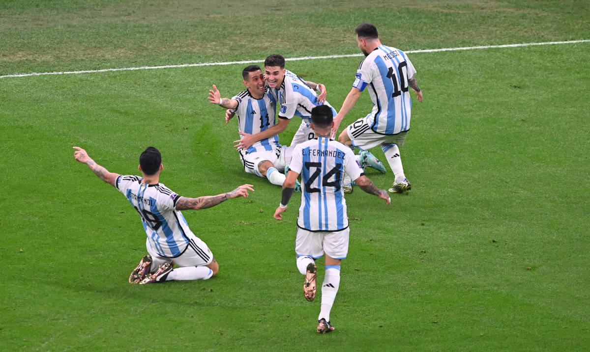 Players of Argentina pictured celebrating a goal against France in the final of the 2022 FIFA World Cup