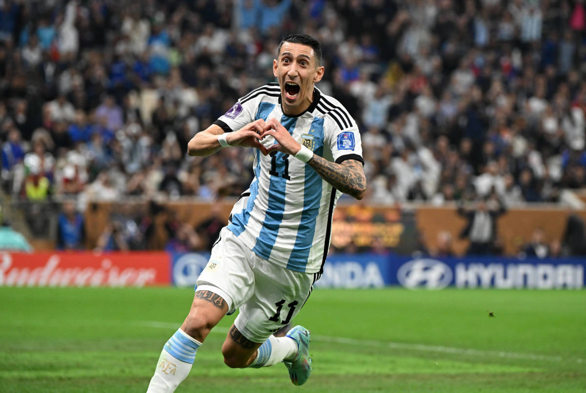 Angel Di Maria pictured celebrating after scoring Argentina's second goal in the 2022 FIFA World Cup final against France