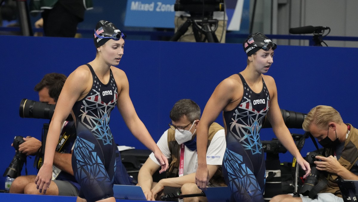 Alex Walsh (USA) and Kate Douglass (USA) after placing second and third in the women's 200m individual medley final during the Tokyo 2020 Olympic Summer Games at Tokyo Aquatics Centre.