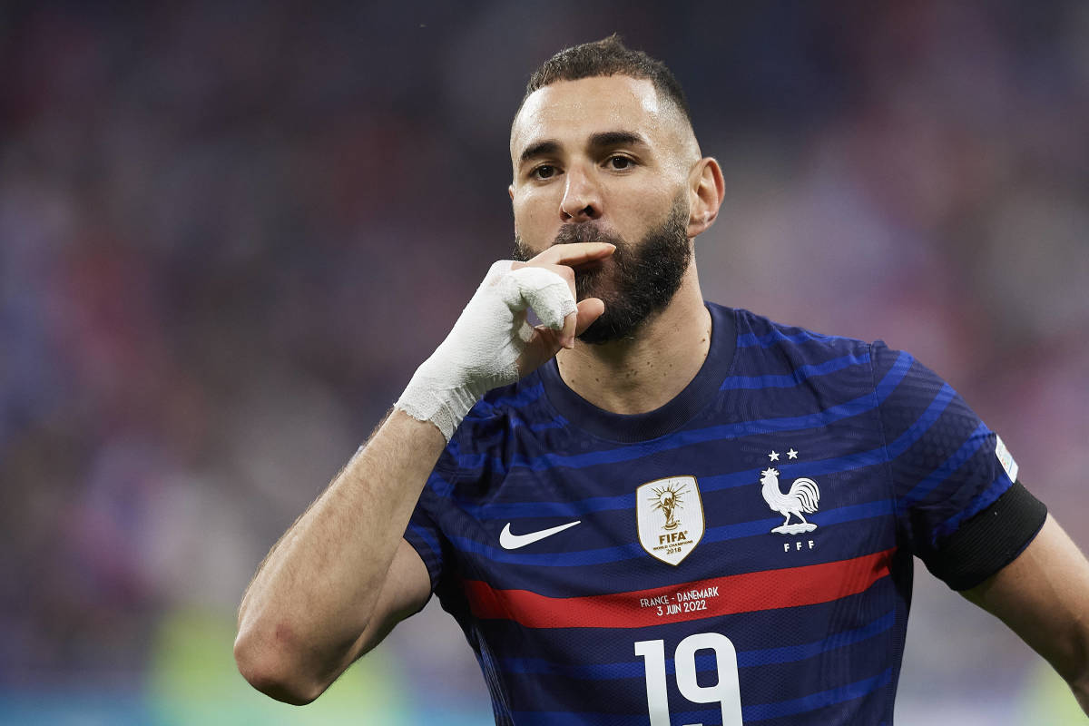 Karim Benzema pictured celebrating a goal for France in June 2022