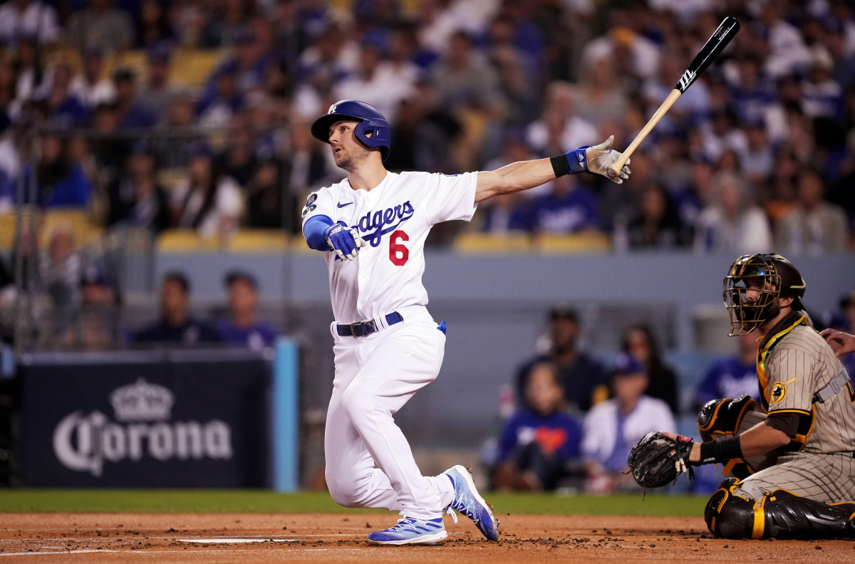 Former Dodgers shortstop Trea Turner hits a home run during the 1st inning of Game 1 of the 2022 NLDS against the Padres at Dodger Stadium.