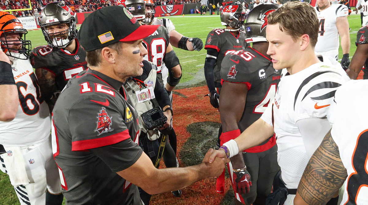 Tom Brady and Joe Burrow shake hands after their Week 15 game.