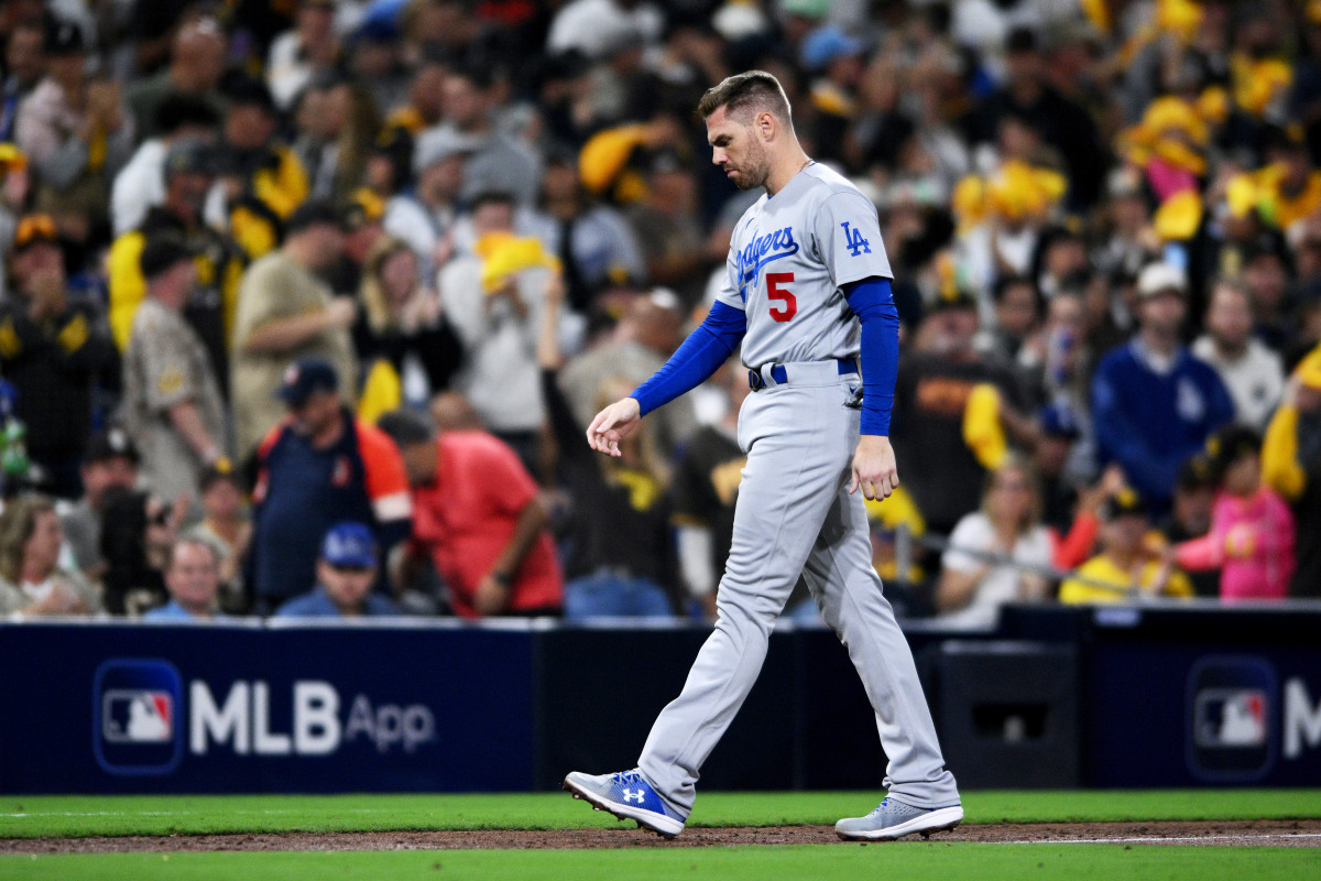 Dodgers first baseman Freddie Freeman walks to the dugout at the end of the third inning during Game 3 of the 2022 NLDS against the Padres at Petco Park.