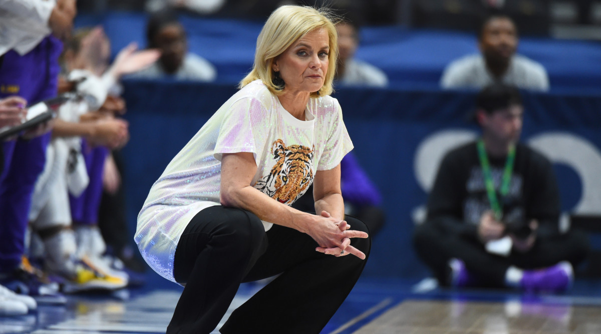 LSU head coach Kim Mulkey looks on from the bench during the first half against the Kentucky Wildcats.