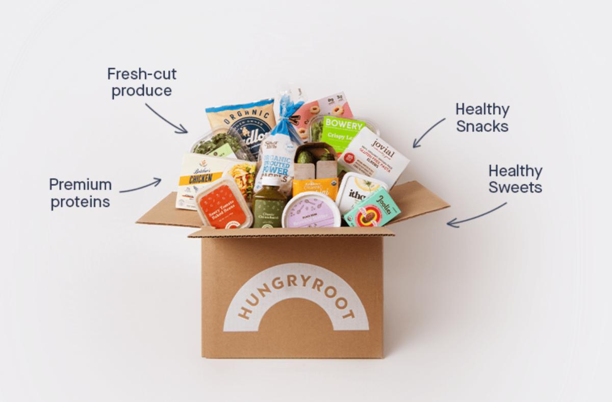 A box of Hungryroot grocery delivery service food items