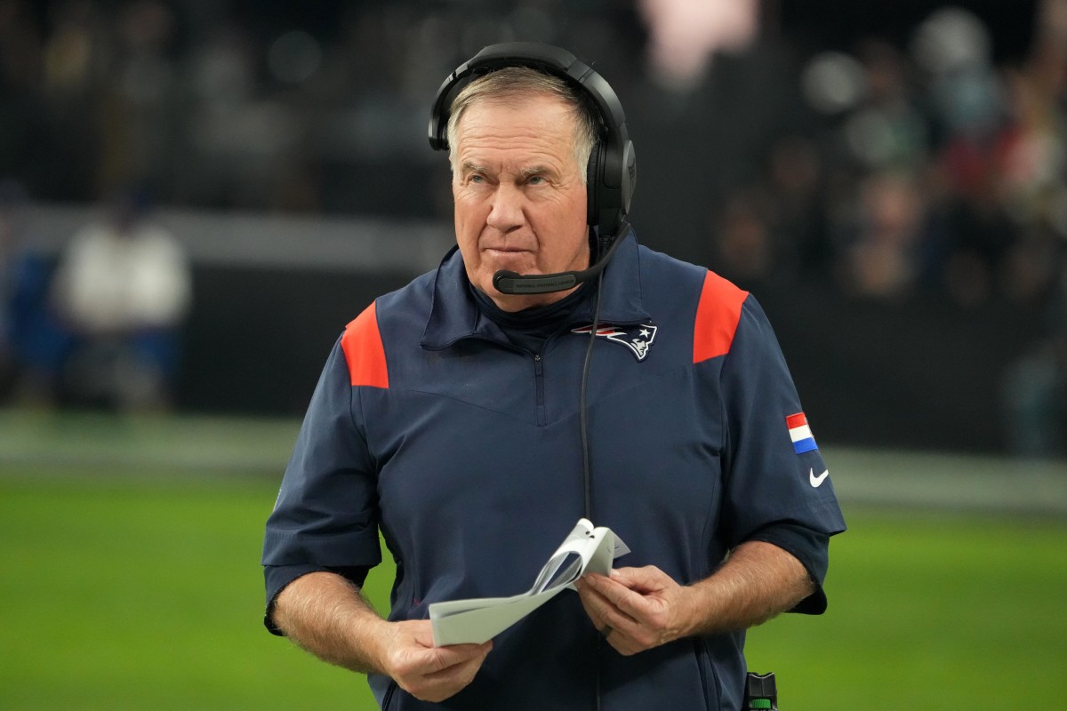 New England Patriots head coach Bill Belichick reacts in the second half against the Las Vegas Raiders at Allegiant Stadium. The Raiders defeated the Patriots 30-24.