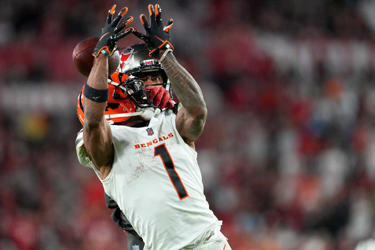 Tampa Bay Buccaneers cornerback Carlton Davis III (24) defends a pass on Cincinnati Bengals wide receiver Ja'Marr Chase (1) in the fourth quarter during a Week 15 NFL game, Sunday, Dec. 18, 2022, at Raymond James Stadium in Tampa, Fla. The Cincinnati Bengals won, 34-23. The Cincinnati Bengals improved to 10-4 on the season. Nfl Cincinnati Bengals At Tampa Bay Buccaneers Dec 18 0228