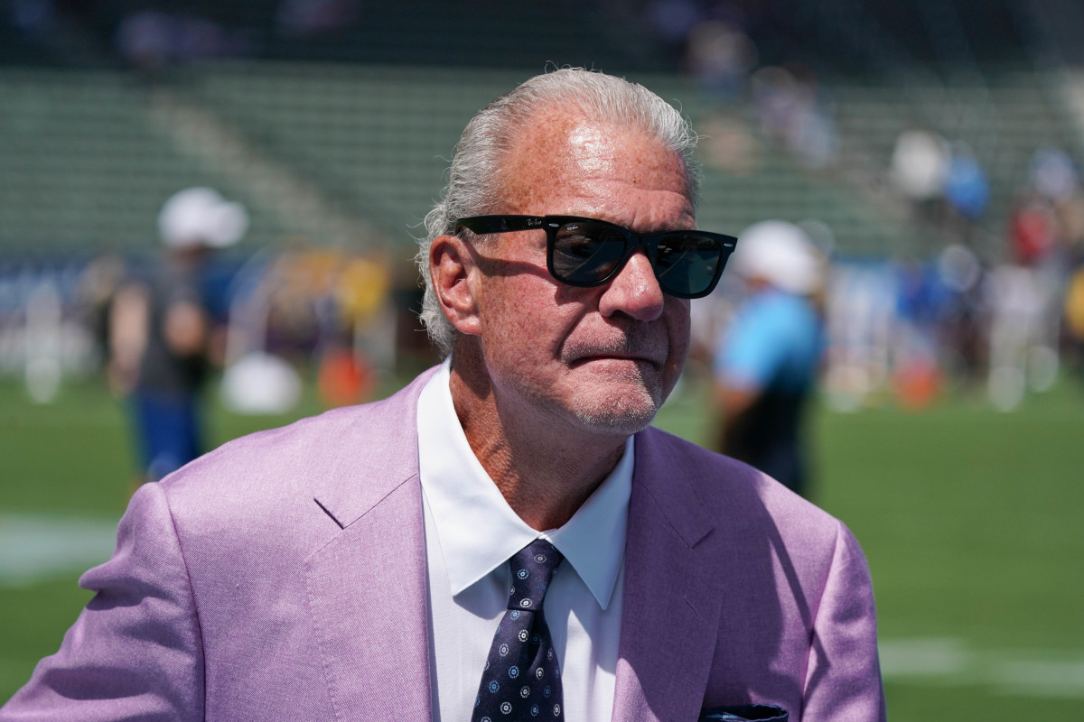 Sep 8, 2019; Carson, CA, USA; Indianapolis Colts owner Jim Irsay on the field prior to the game against the Los Angeles Chargers at Dignity Health Sports Park. Mandatory Credit: Kirby Lee-USA TODAY Sports