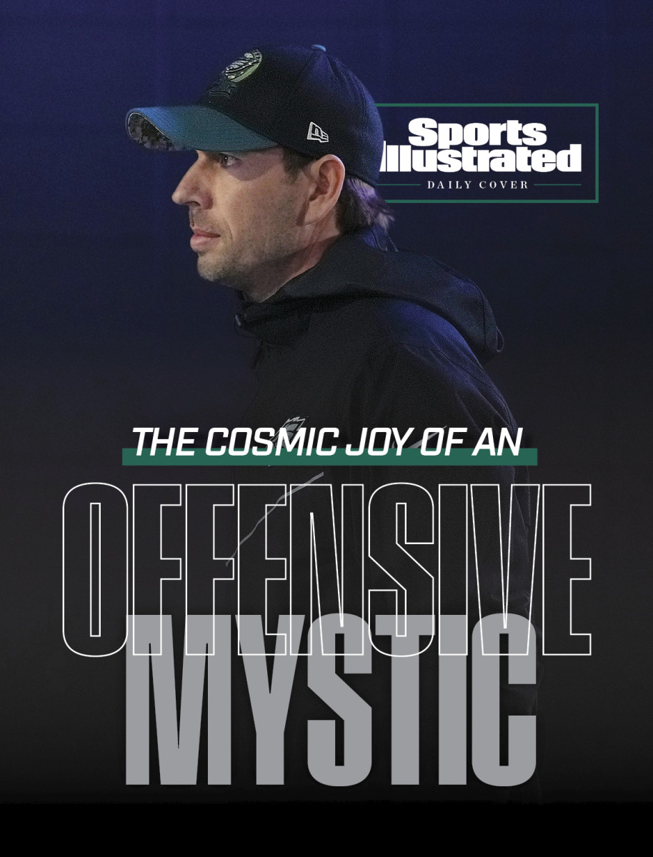 Eagles offensive coordinator Shane Steichen in front of a dark background, with the text 'the cosmic joy of an offensive mystic'