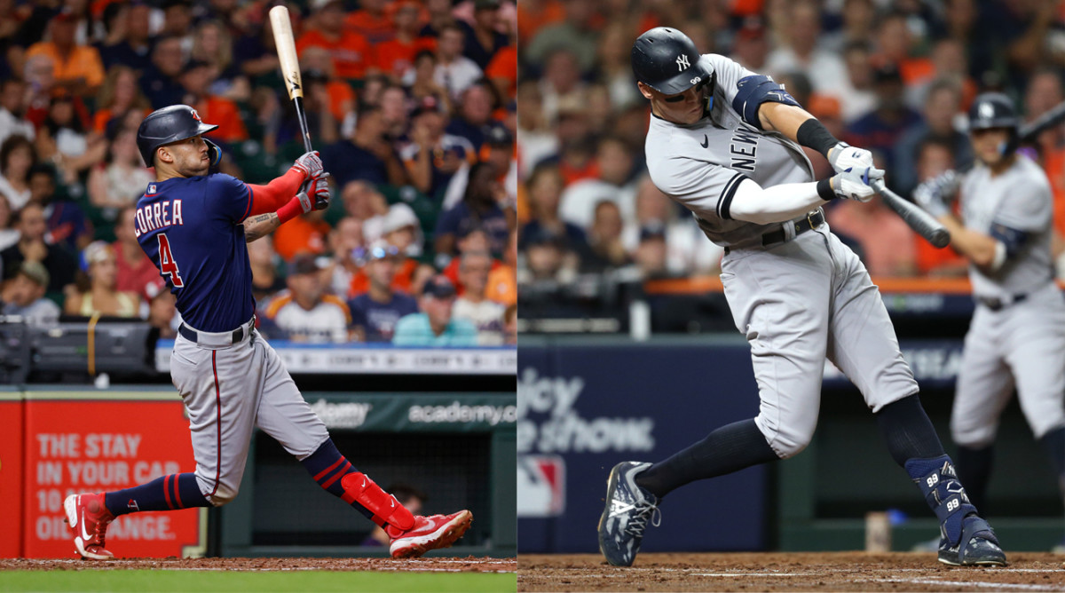 a side by side of Carlos Correa and Aaron Judge each swinging a bat