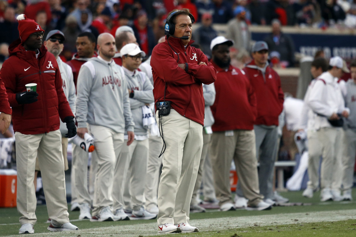 Nov 12, 2022; Oxford, Mississippi, USA; Alabama Crimson Tide Head Coach Nick Saban watches during the first half against the Mississippi Rebels at Vaught-Hemingway Stadium.