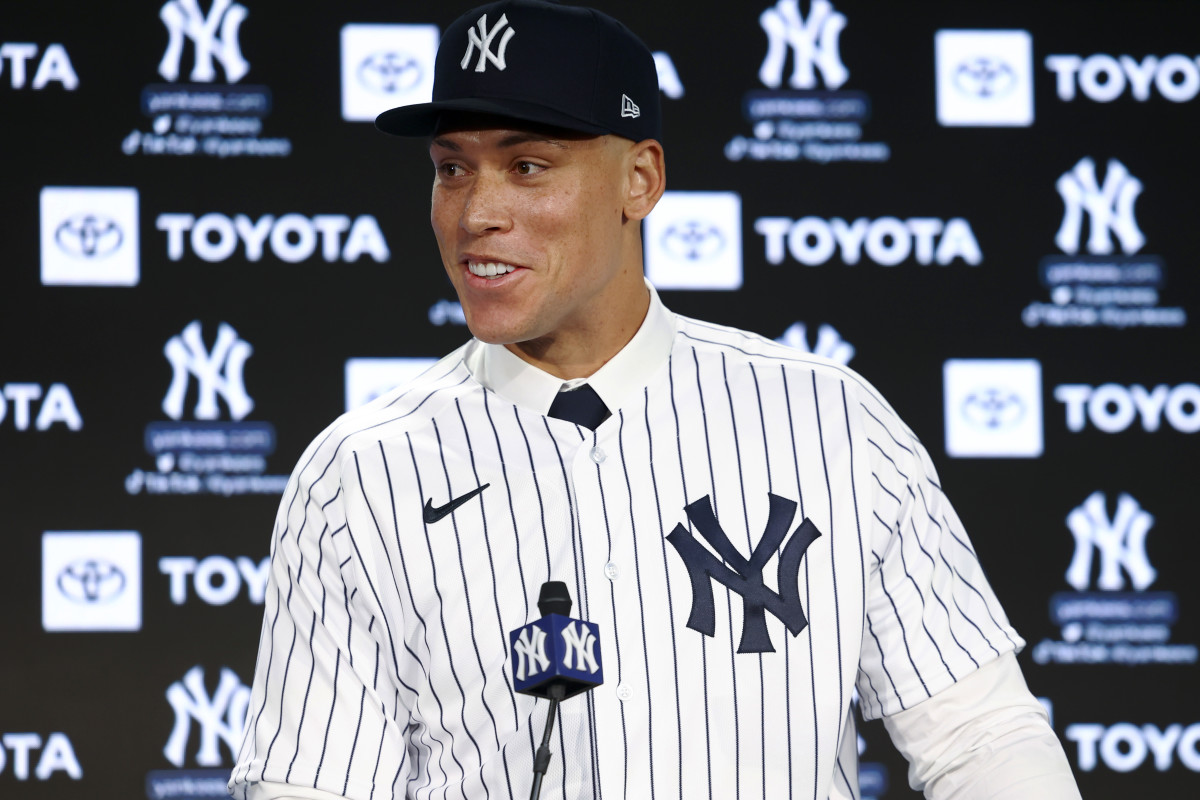 Aaron Judge speaks during a press conference after being named the newest Yankees captain at Yankee Stadium.