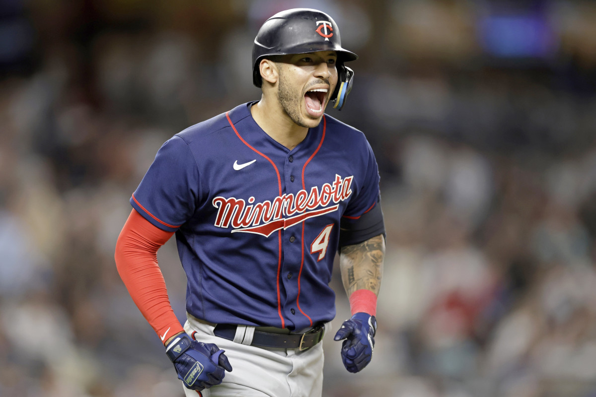 Former Twins shortstop Carlos Correa reacts after hitting a two-run home run against the Yankees during the eighth inning of a game Thursday, Sept. 8, 2022, in New York.