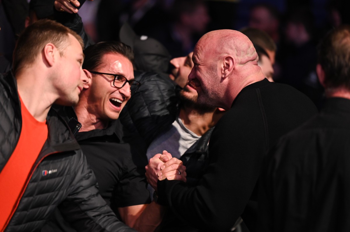 Dana White greets fans before the fight between Jai Herbert (red gloves) and Ilia Topuria (blue gloves) during UFC Fight Night at O2 Arena.
