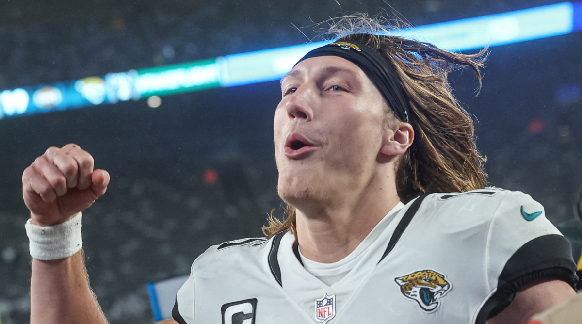 Jaguars quarterback Trevor Lawrence celebrates a win over the Jets.