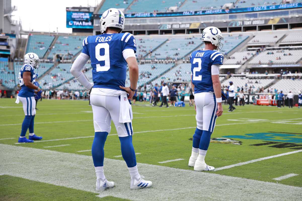 Indianapolis Colts quarterback Nick Foles (9) and quarterback Matt Ryan (2) looks on before a regular season game between the Jacksonville Jaguars and the Indianapolis Colts Sunday, Sept. 18, 2022 at TIAA Bank Field in Jacksonville. [Corey Perrine/Florida Times-Union] Fooball American Football Gridiron Football Nfl Colts Indianapolis Jacksonville Jaguars Regular Season Home Opener 2022