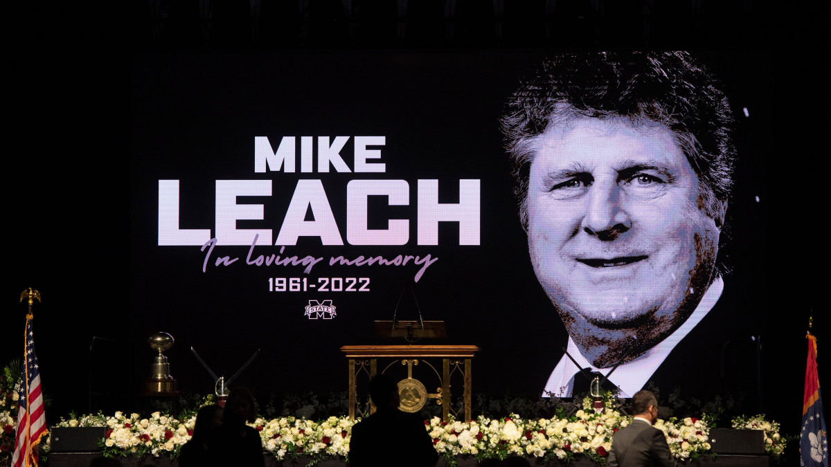 Last-minute preparations continue for the Mike Leach memorial service in Humphrey Coliseum at Mississippi State in Starkville, Miss.