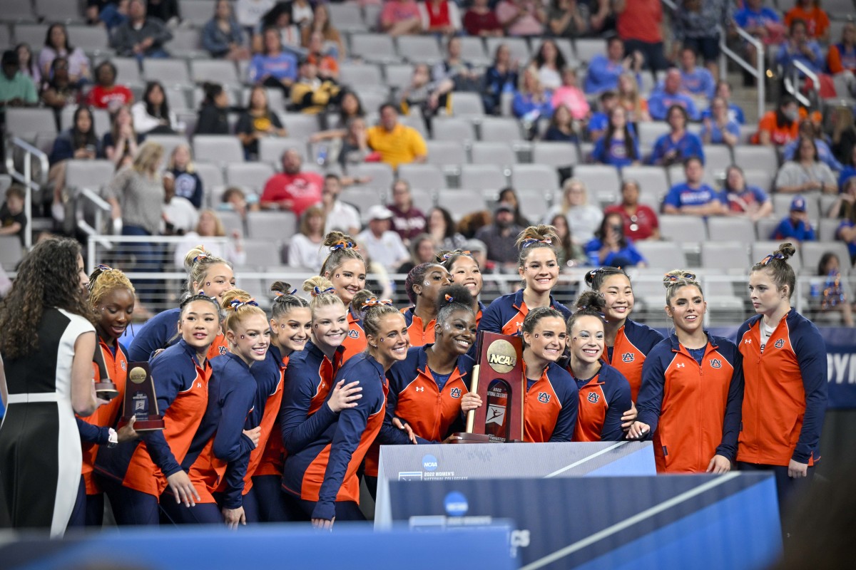 Apr 16, 2022; Fort Worth, TX, USA; The Auburn University gymnastics team places fourth in the the finals of the 2022 NCAA women's gymnastics championship at Dickies Arena. Mandatory Credit: Jerome Miron-USA TODAY Sports