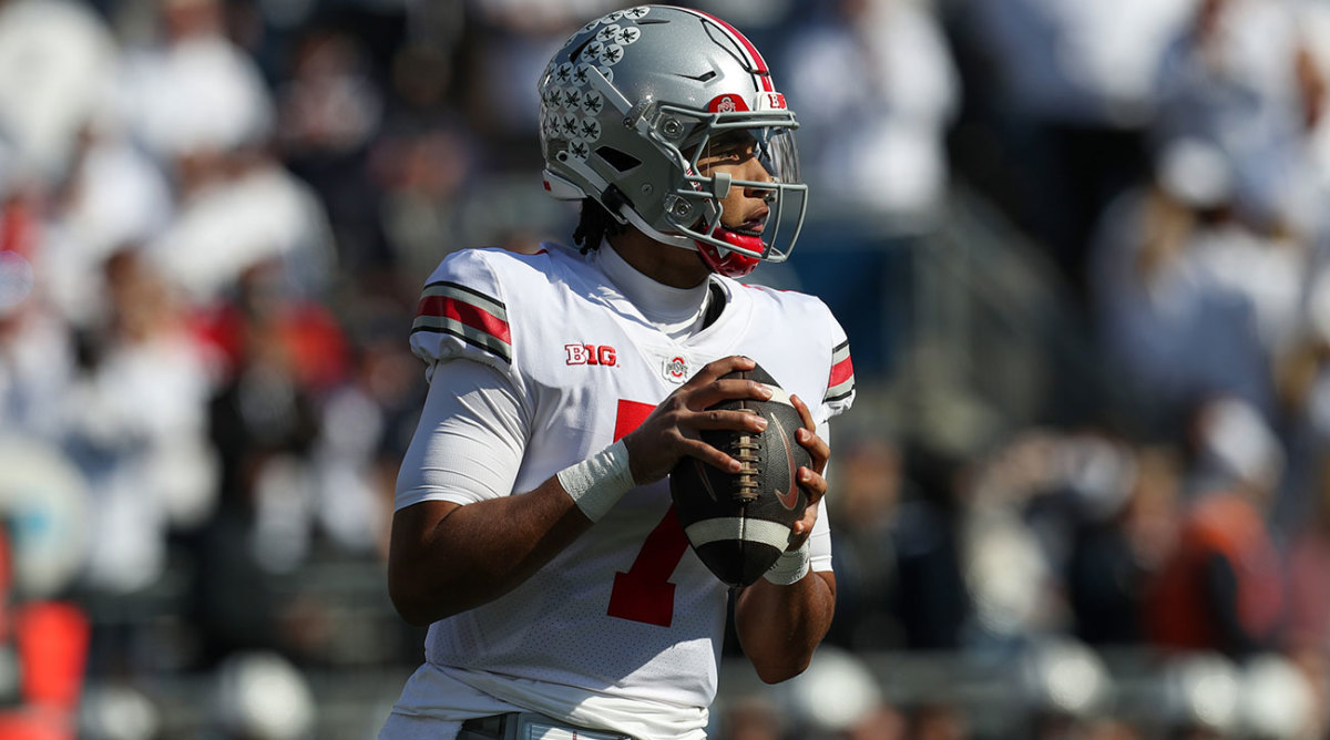 Ohio State QB C.J. Stroud drops back against Penn State