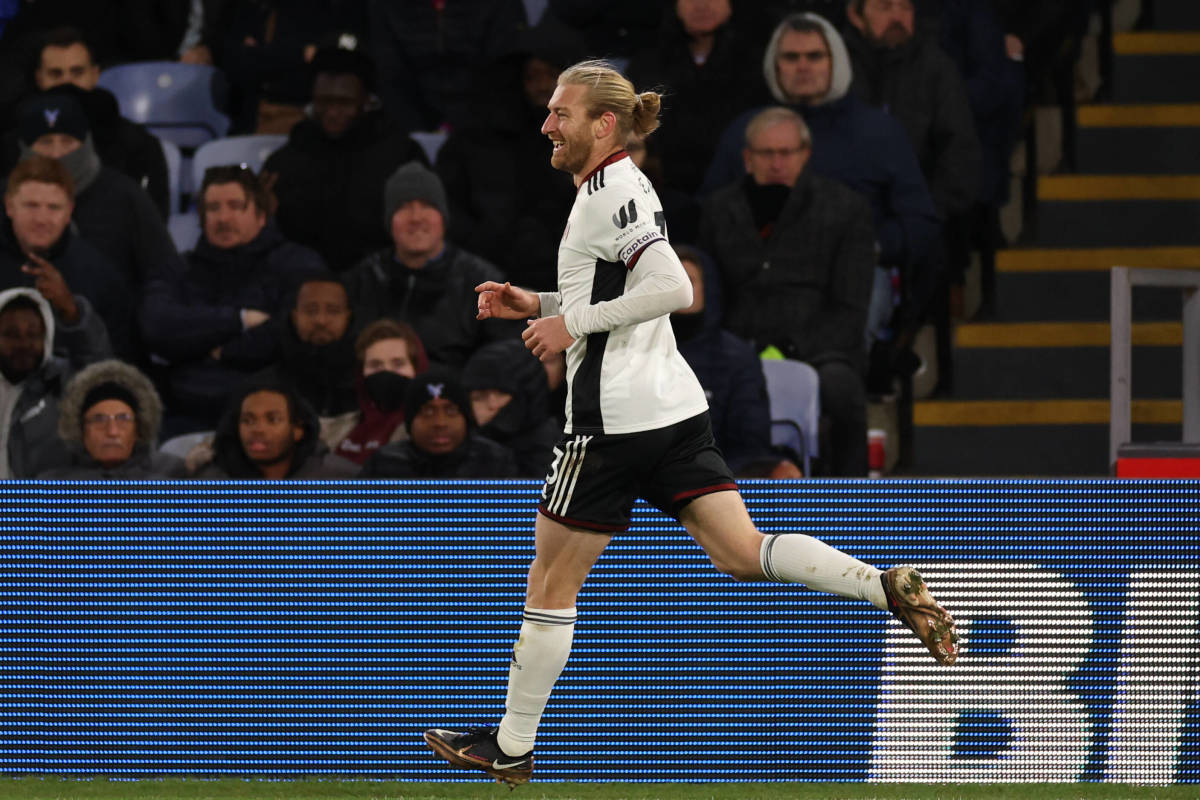 Tim Ream pictured celebrating after scoring his first Premier League goal during Fulham's 3-0 win over Crystal Palace on Boxing Day in 2022
