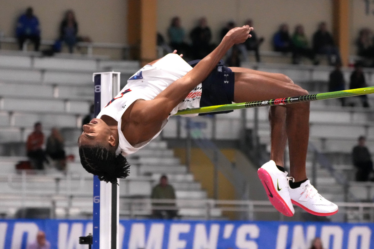 Mar 12, 2022; Birmingham, AL, USA; Dontavious Hill of Auburn places third in the high jump at 7-2 1/2 (2.20m) during the NCAA Indoor Track and Field championships at the CrossPlex. Mandatory Credit: Kirby Lee-USA TODAY Sports