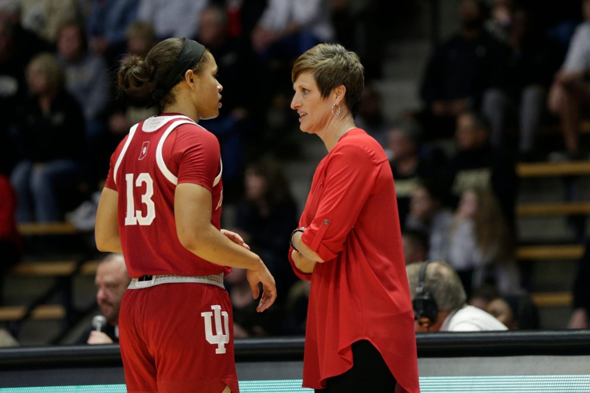Indiana head coach Teri Moren and Indiana guard Jaelynn Penn (13) talk during the first quarter of a NCAA women's basketball game, Monday, Feb. 3, 2020 at Mackey Arena in West Lafayette.