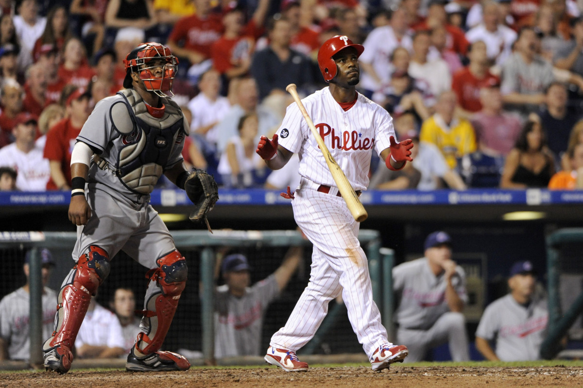 Phillies shortstop Jimmy Rollins hits a two run walk off home run in the bottom of the ninth inning against Cleveland on June 23, 2010.