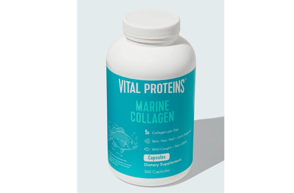 A white and teal container of Vital Proteins Marine Collagen capsules