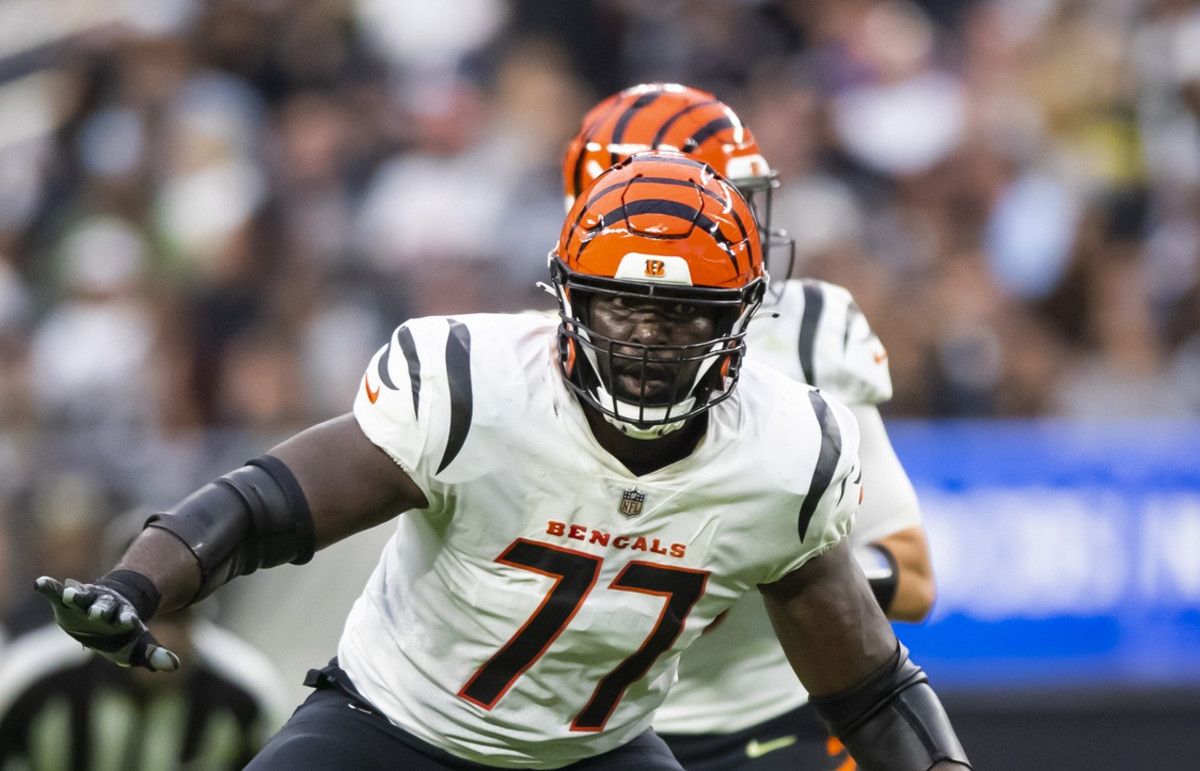 Nov 21, 2021; Paradise, Nevada, USA; Cincinnati Bengals guard Hakeem Adeniji (77) against the Las Vegas Raiders at Allegiant Stadium. Mandatory Credit: Mark J. Rebilas-USA TODAY Sports