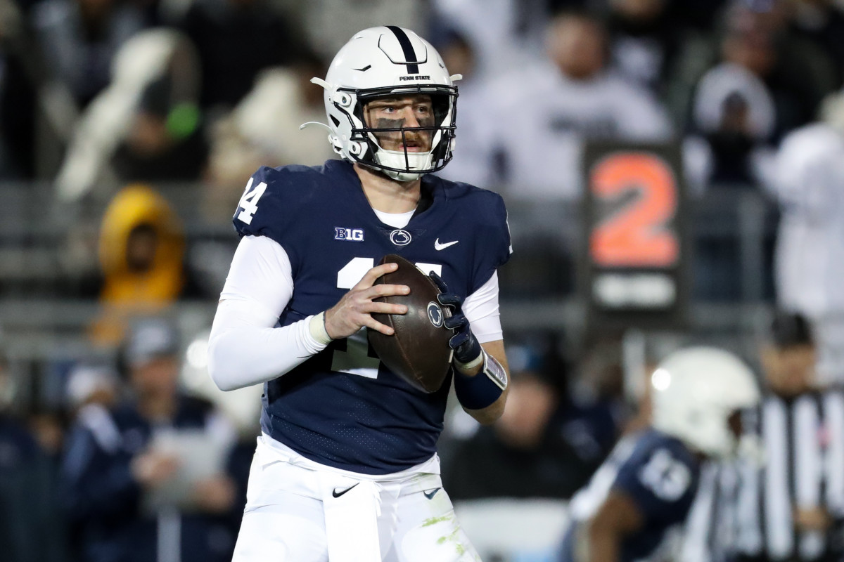 Penn State Nittany Lions quarterback Sean Clifford (14) drops back in the pocket during the third quarter against the Michigan State Spartans at Beaver Stadium. Penn State defeated Michigan State.
