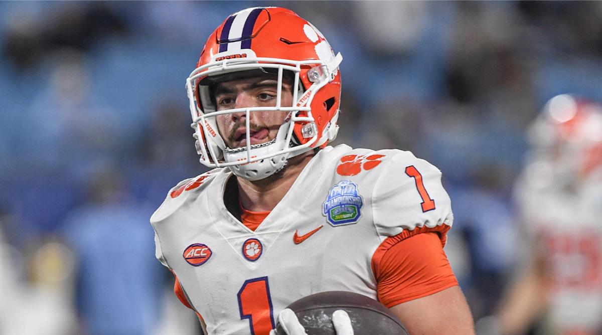 Clemson running back Will Shipley (1) warms up before the ACC Championship football game with North Carolina at Bank of America Stadium in Charlotte, North Carolina Saturday, Dec 3, 2022.