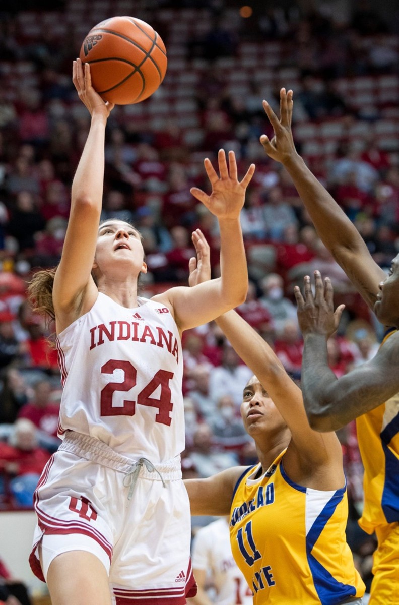 Indiana's Mona Zaric (24) shoots during the Indiana versus Morehead State women's basketball game at Simon Skjodt Assembly Hall on Sunday, Dec. 18, 2022.